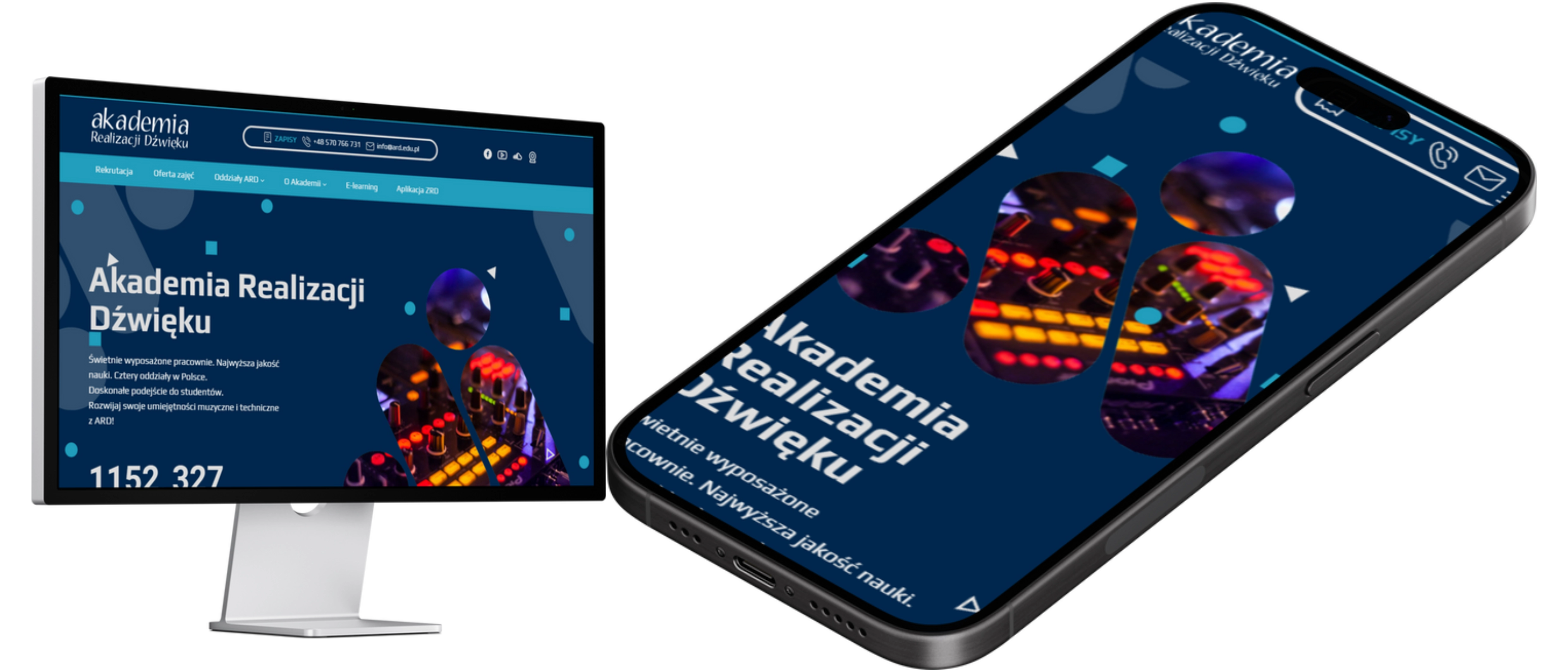 Projekt strony Akademii Realizacji Dźwięku pokazany na monitorze i telefonie